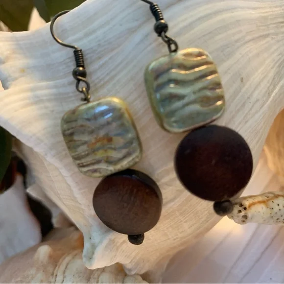 Earthy Drop Earrings Nature Inspired green Glass and Wood Beads Antiqued Style - Picture 3 of 10